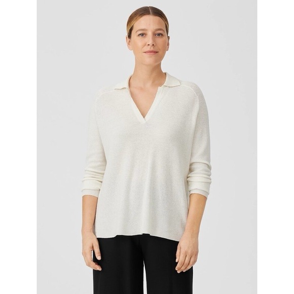 Eileen Fisher Tops - Eileen Fisher Linen Crepe Stretch Top Boxy Ivory Cream Classic Collar Texture M